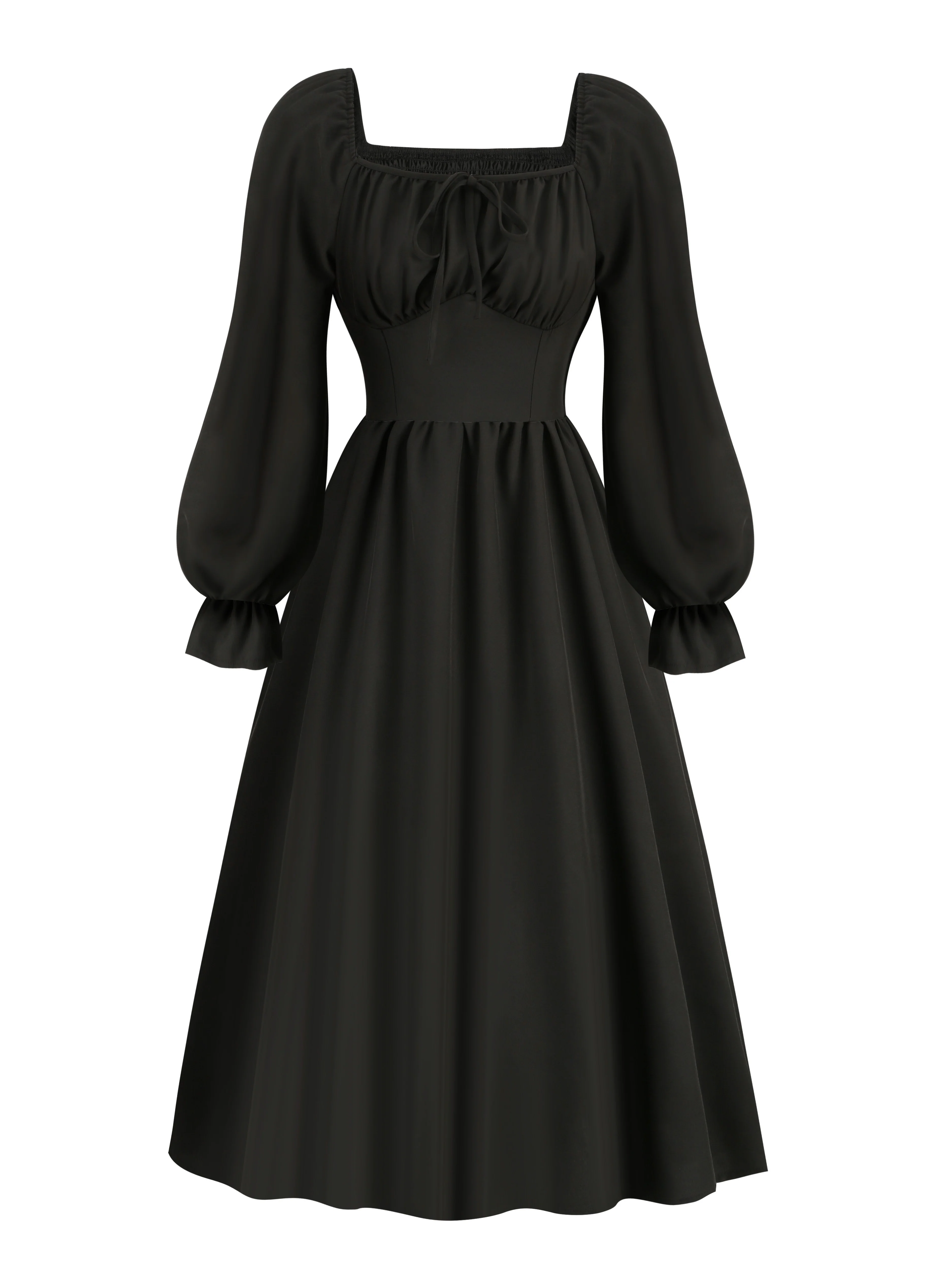 deanwangkt-1  Tie Front Lantern Long Sleeve Dress, Casual Solid Squared Neck Dress, Women's Clothing - Deanwangkt