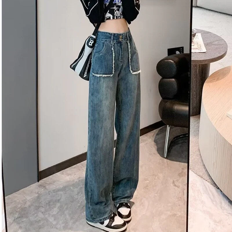 deanwangkt High End Denim Women's Summer Raw Edge Stitching Design For Lifting Buttocks And Slimming Straight Wash Pants - Deanwangkt