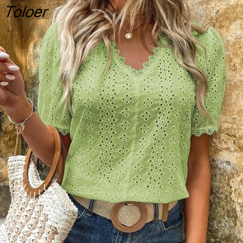 deanwangkt Lace Shirts Women Summer Puff Sleeve Tops Vintage Elegant Pullover White Blouse Women Fashion V-neck Solid Shirt 21385 - Deanwangkt