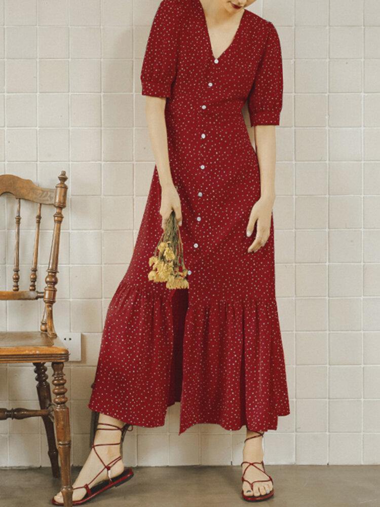 deanwangkt Polka Dot Print V-neck Short Sleeve Buttons Summer Beach Holiday Shirt Dress - Deanwangkt