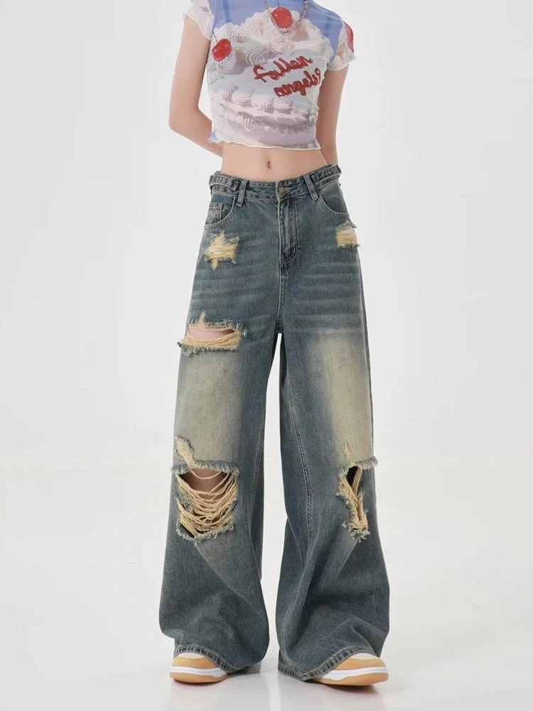 deanwangkt High Street Perforated Jeans Women's Summer New INS Fashion Brand Straight Tube Loose Sweeping Wide Leg Pants Women's Jeans - Deanwangkt