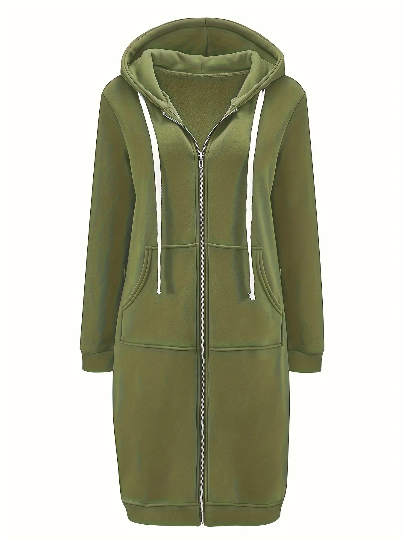 deanwangkt-1  Solid Zip Up Knee Length Hoodie, Casual Long Sleeve Slant Pockets Drawstring Hoodies Outerwear, Women's Clothing - Deanwangkt