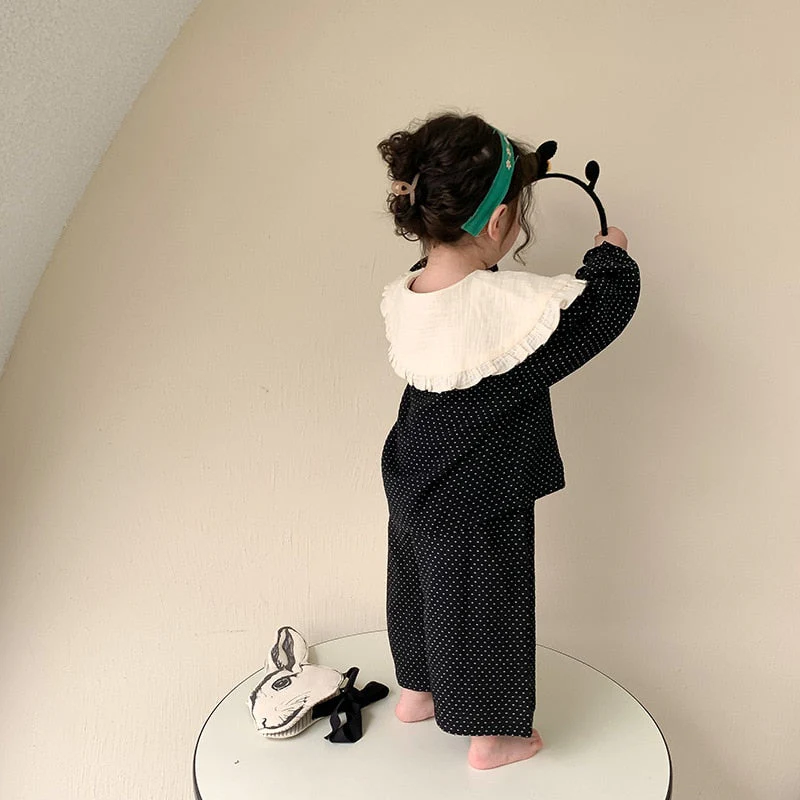 deanwangkt  Spring cute baby girl polka dot black outfits Girls fashion big turn-down collar shirt and wide leg pants 2pcs sets Kids clothes - Deanwangkt