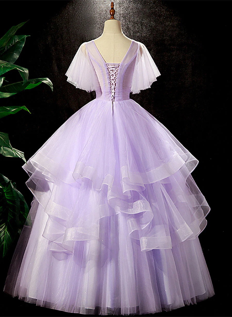 Solvbao Light Purple Tulle with Flowers Cute Long Party Dress, Purple Sweet 16 Dress - Deanwangkt