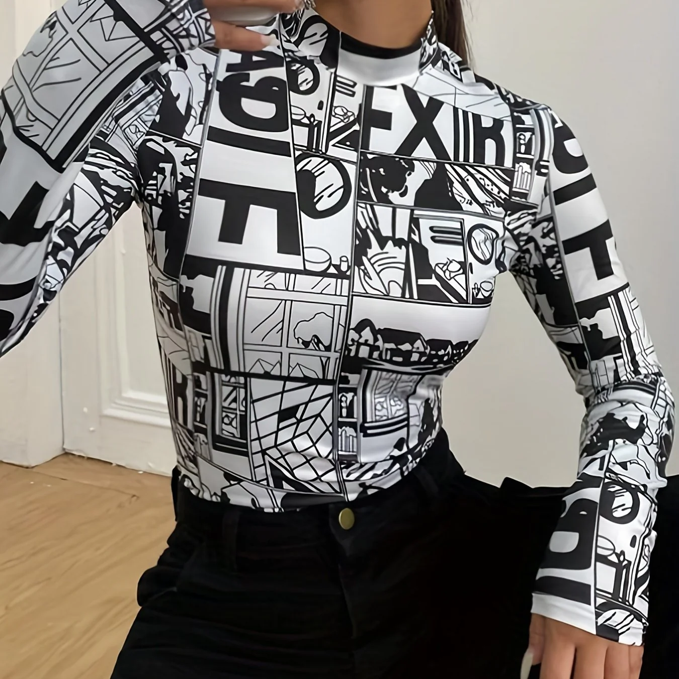 deanwangkt-1 Y2K Anime Print T-Shirt, Long Sleeve High Neck Casual Top, Women's Clothing - Deanwangkt