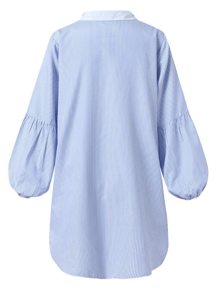 deanwangkt Women Pinstripe Contrast Collar Casual Stitching Sleeve Shirt Dresses - Deanwangkt