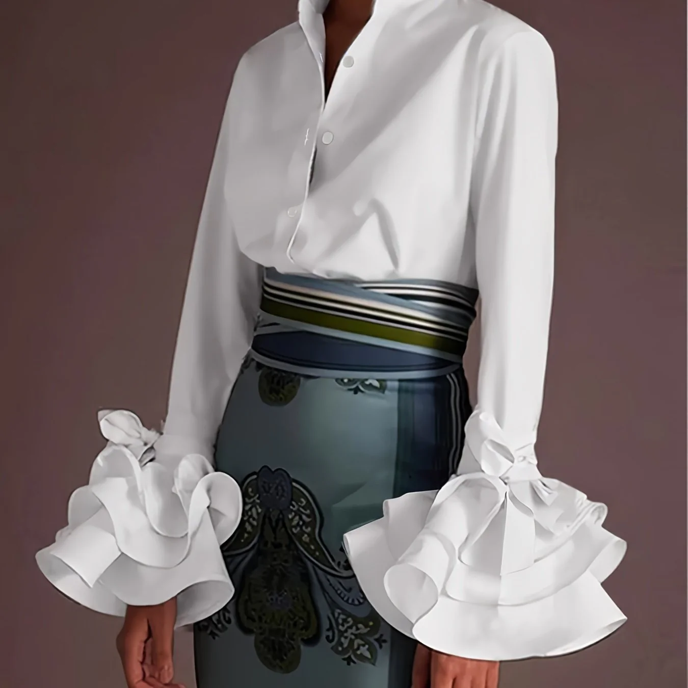 Plus Size Elegant Blouse, Women's Plus Solid Button Up Layered Sleeve Turn Down Collar Blouse - Deanwangkt