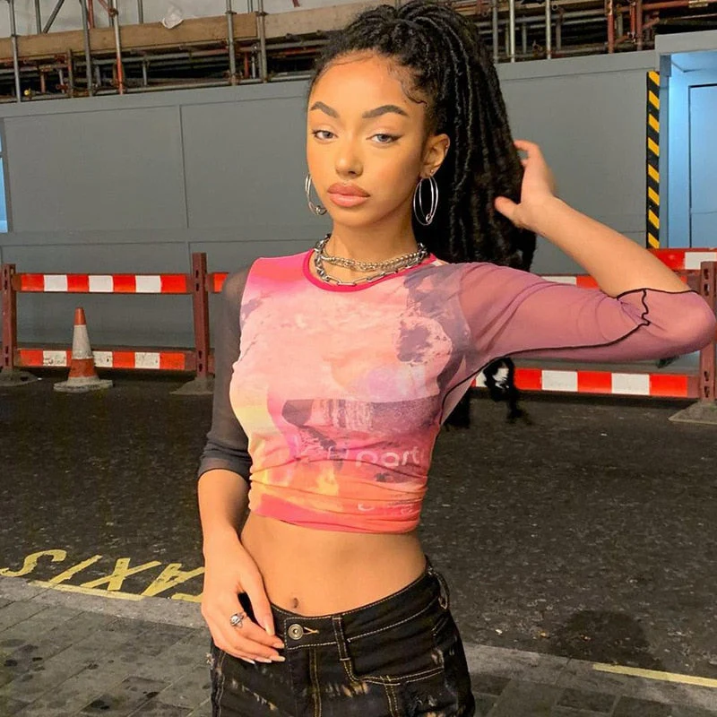 Wenkouban  Print Mesh Crop Top Summer Woman Half Sleeve Tie Dye Pink Tshirts Streetwear Sexy Round Neck Slim See Through Graphic Tees - Deanwangkt