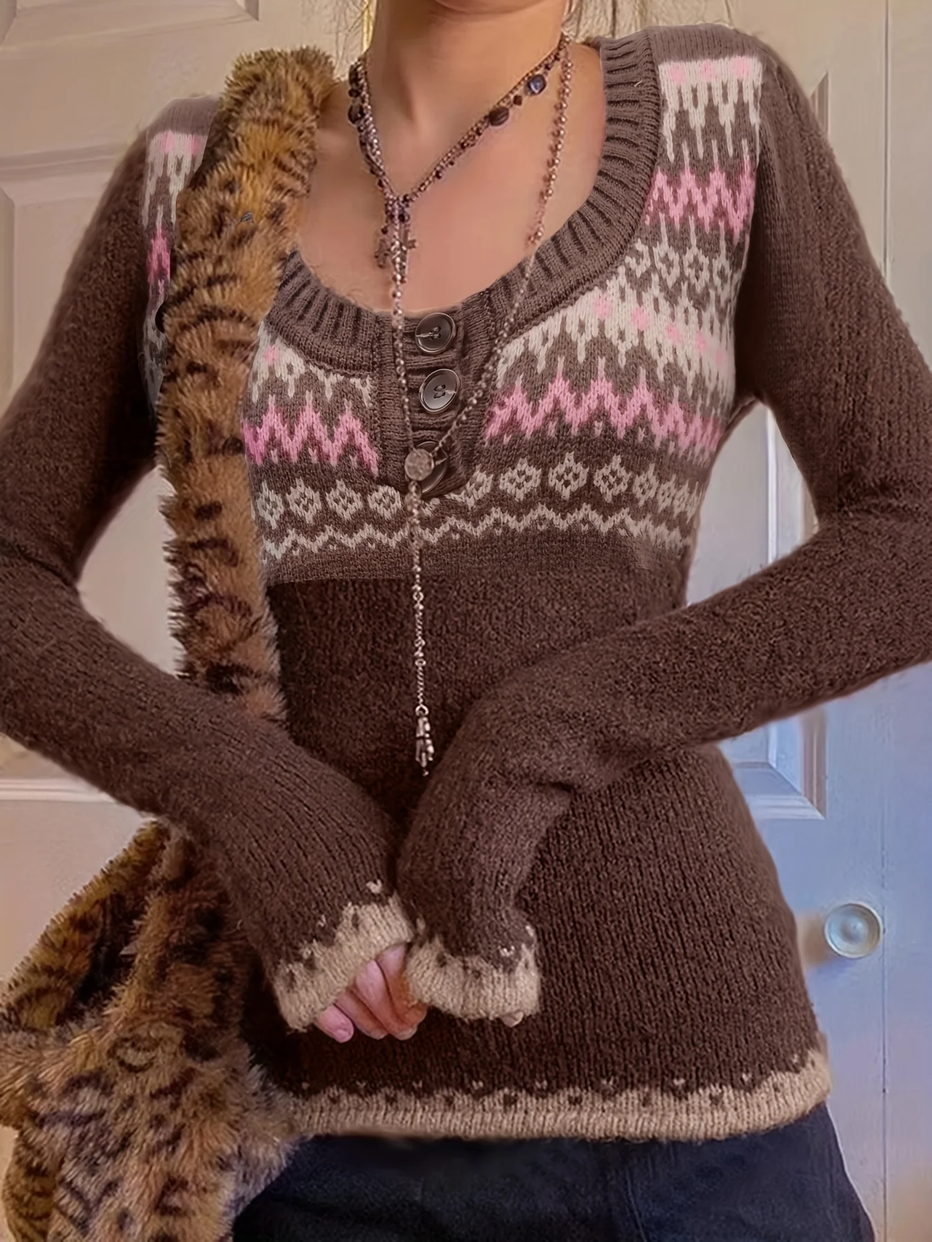 deanwangkt  Y2K Ethnic Pattern Pullover Sweater, Button Scoop Neck Long Sleeve Slim Sweater, Women's Clothing - Deanwangkt