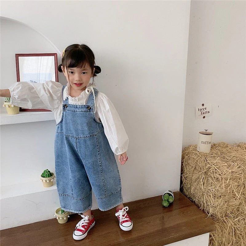 deanwangkt Korean style Spring Kids Children Oversized Wide Leg Denim Overalls Baby Clothes Boys Girls Loose All-match Casual Pants - Deanwangkt