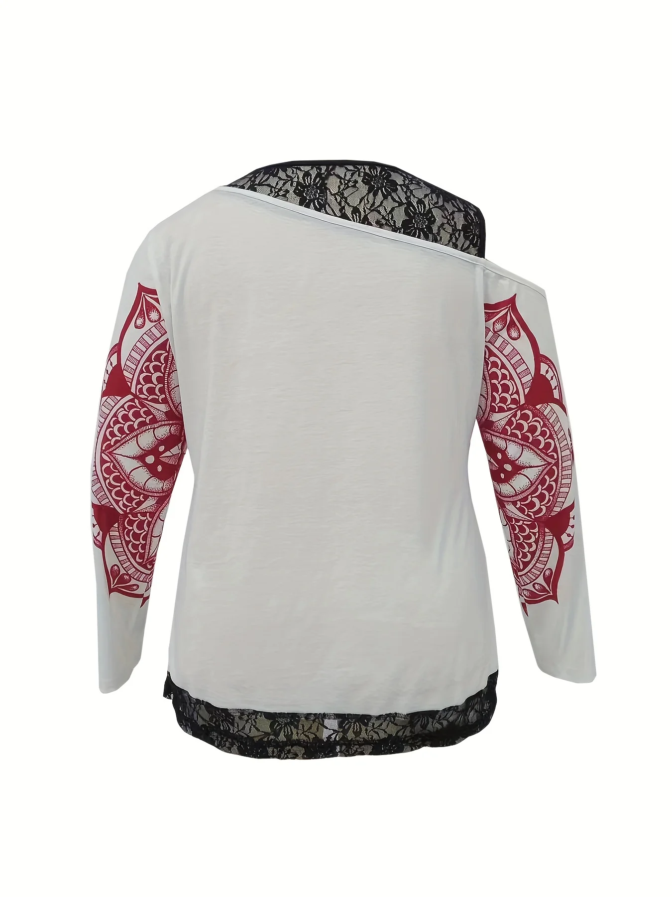 Plus Size Casual T-shirt, Women's Plus Skull & Mandala Print Contrast Lace Cold Shoulder Long Sleeve Slight Stretch T-shirt - Deanwangkt