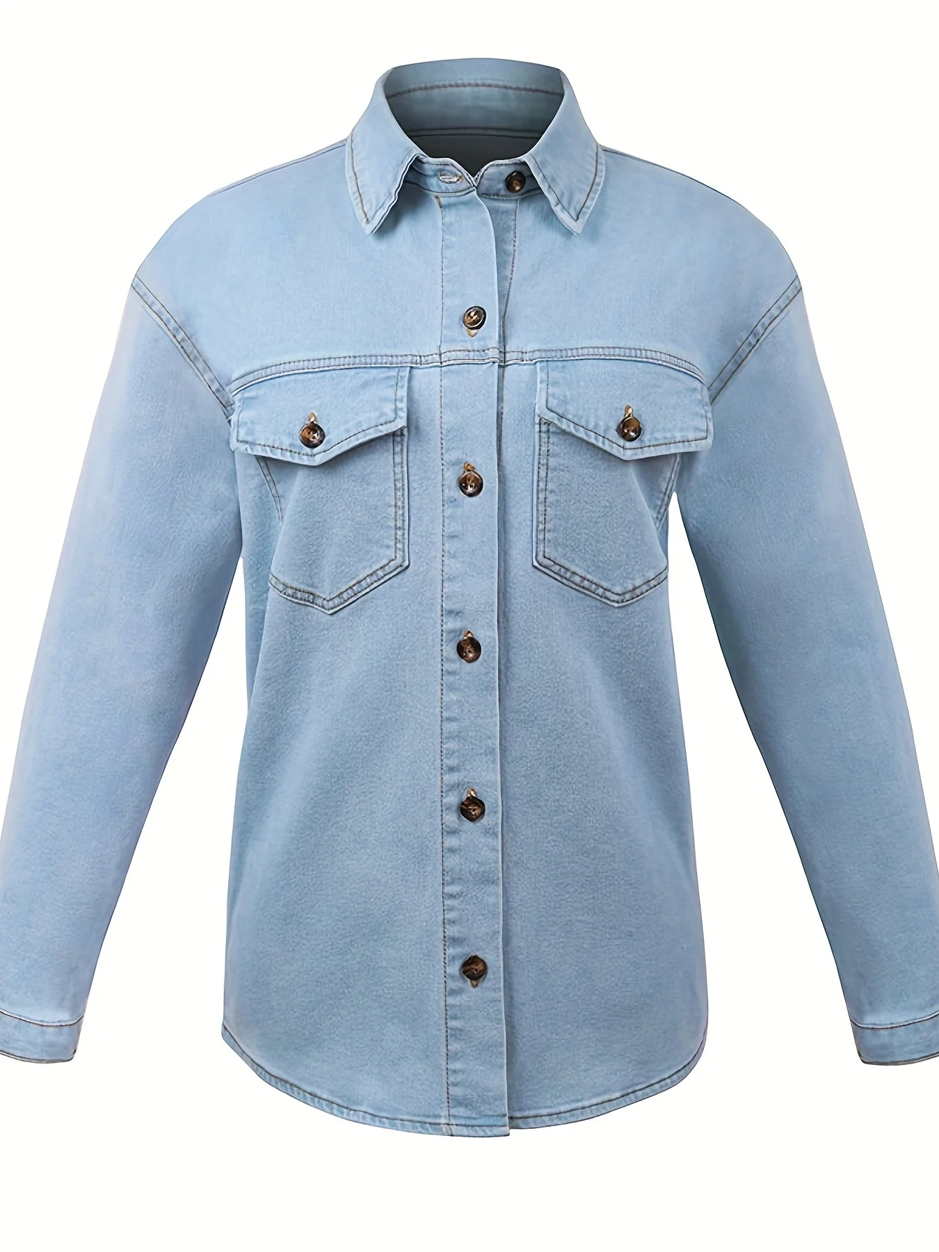 Blue Long Sleeves Denim Jackets, Flap Pockets Single-Breasted Button Lapel Denim Coats, Women's Denim Clothing - Deanwangkt