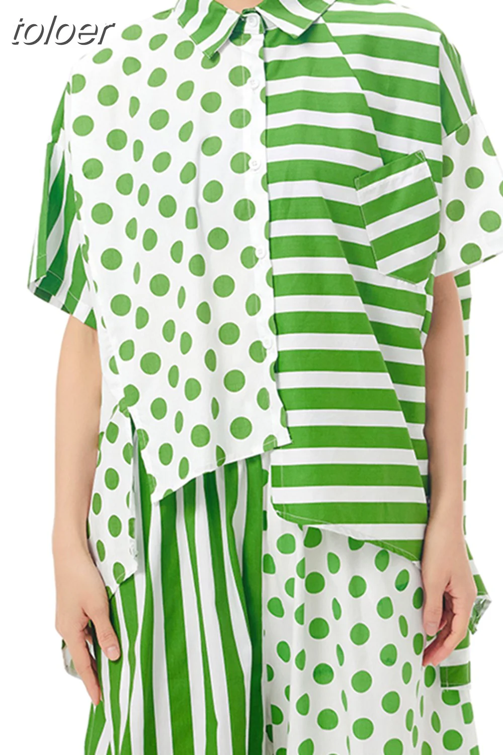 deanwangkt Print Colorblock Shirt For Women Lapel Short Sleeve Irregular Hem Patchwork Blouses Female  Summer Clothing Style - Deanwangkt