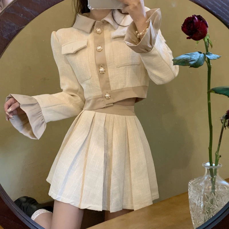 deanwangkt Autumn New French Vintage Two Piece Set Women Crop Top Short Jacket Coat + Pleated Skirts Sets High Street Fashion 2 Piece Suits - Deanwangkt