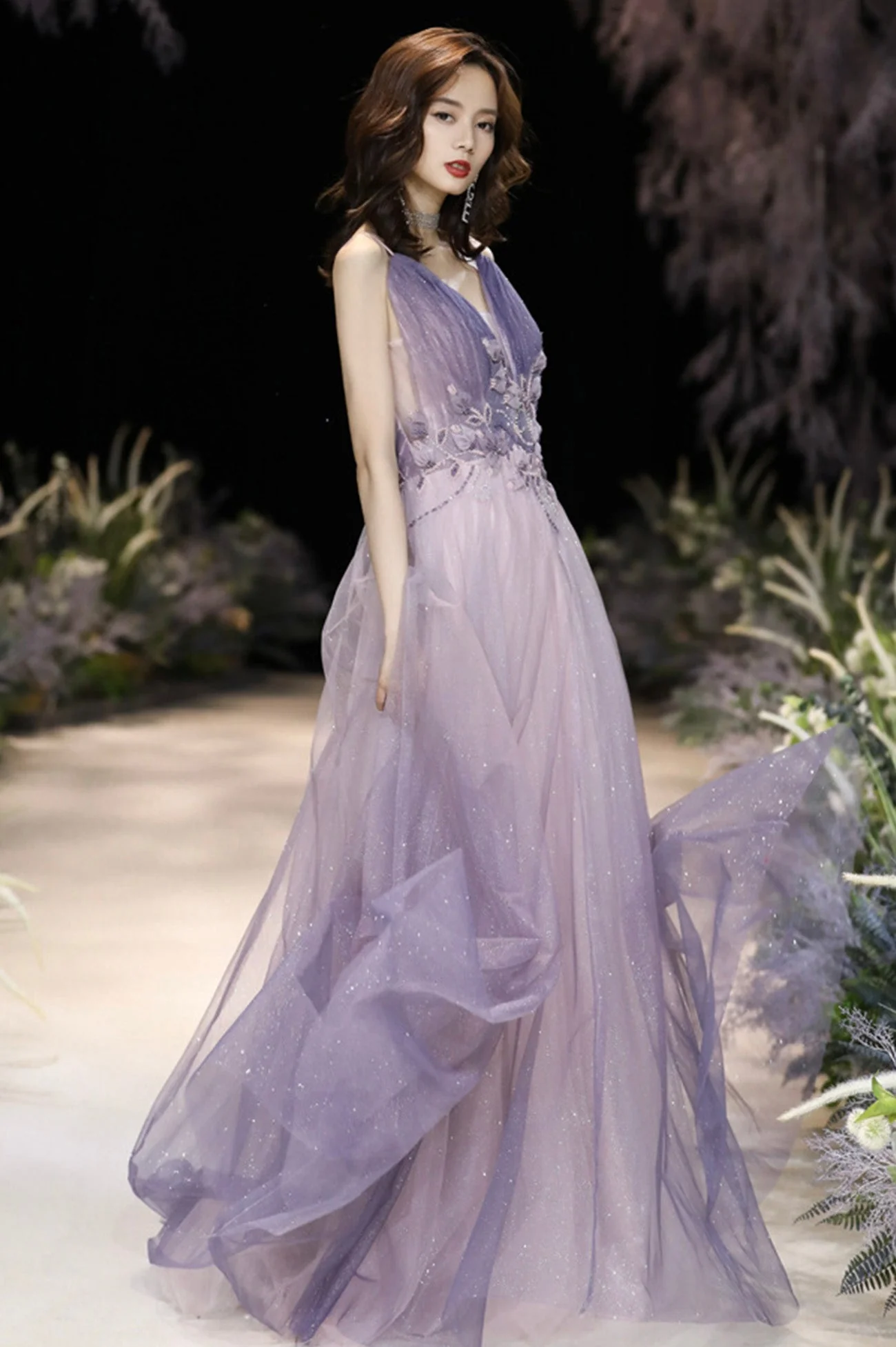 solvbao Purple V-Neck Tulle Long Prom Dresses, A-Line Evening Dresses - Deanwangkt