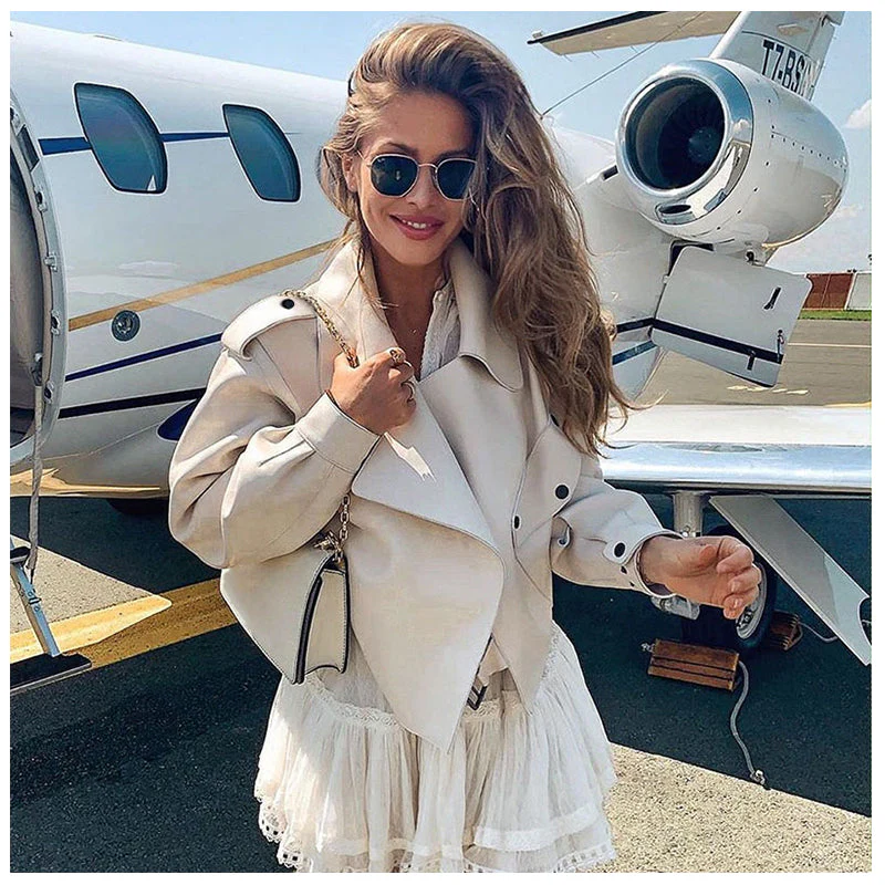 deanwangkt New Spring Women Faux Leather Jacket Biker Red White Coat Turndown Collar PU Motorcycle Jackets Loose Streetwear Outerwear - Deanwangkt