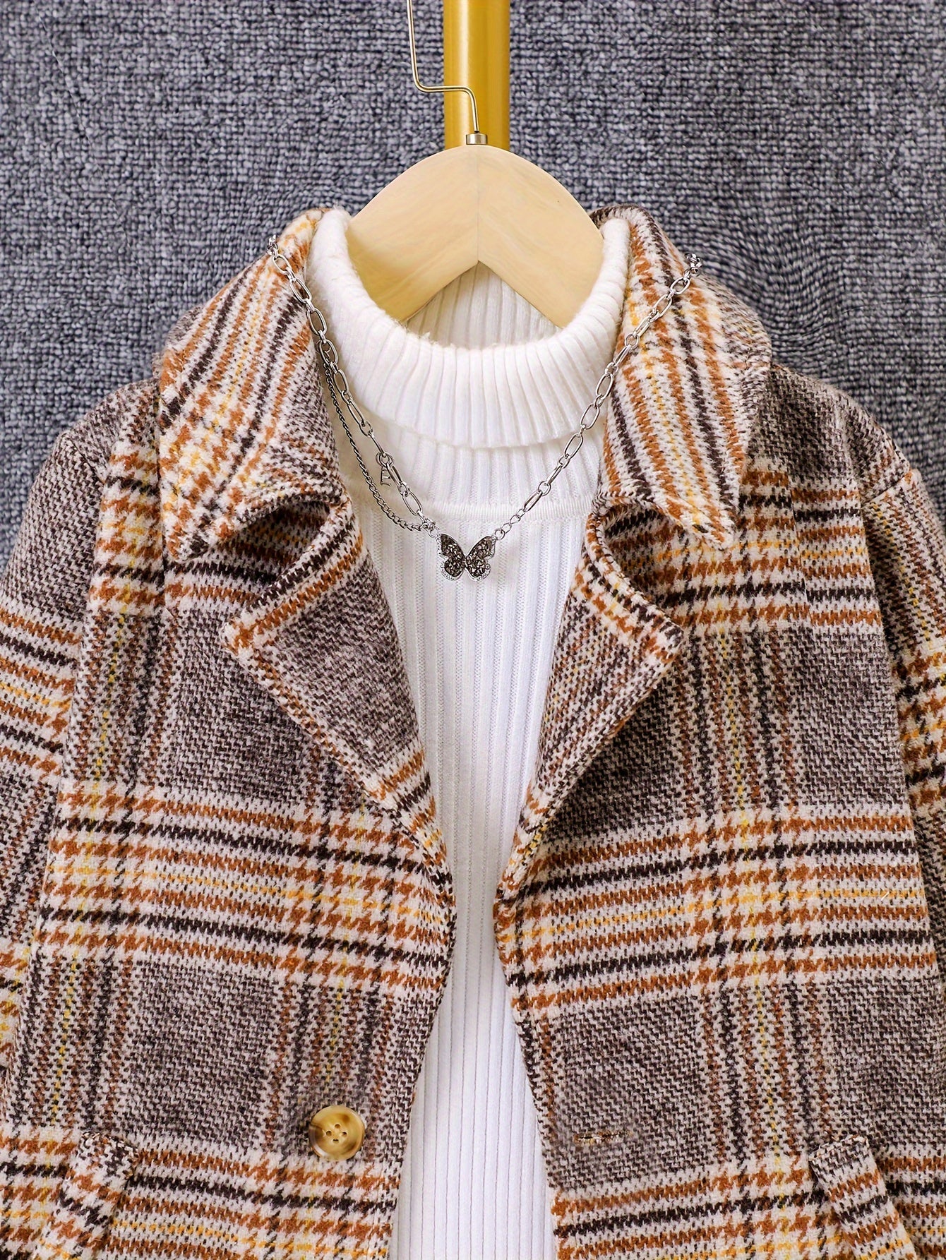 Girls Retro Plaid College Style Button Lapel Faux Woolen Jacket Overcoat, Autumn And Winter - Deanwangkt