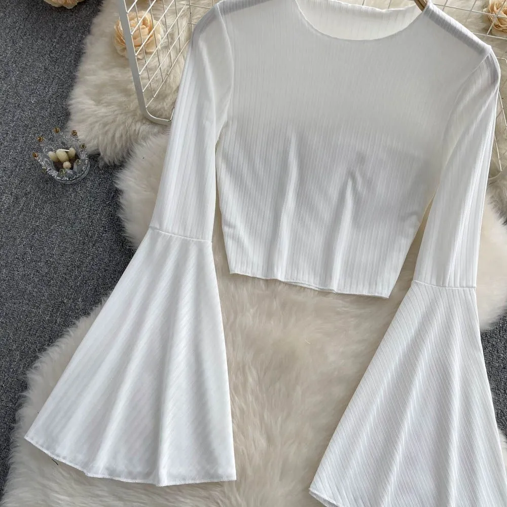 deanwangkt Elegance Casual Fashion Flared Sleeve Short O-neck Slim T-shirt And Blouses Top Summer Autumn Clothes For Woman Basics - Deanwangkt