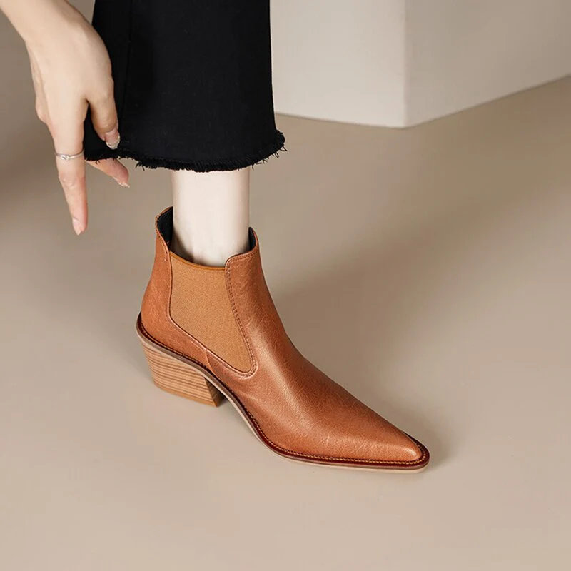 deanwangkt  fashion inspo    Autumn Boots Women Split Leather Shoes for Women Pointed Toe Ankle Boots Chunky Heel Shoes Western Boots казаки женские обувь - Deanwangkt