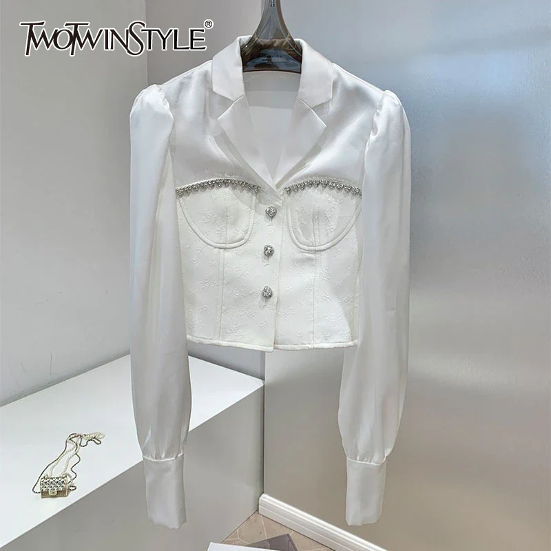 deanwangkt Casual Patchwork Diamonds Solid Loose Blouse Female Lapel Long Sleeve Fashion Shirt For Women Autumn Style  New - Deanwangkt