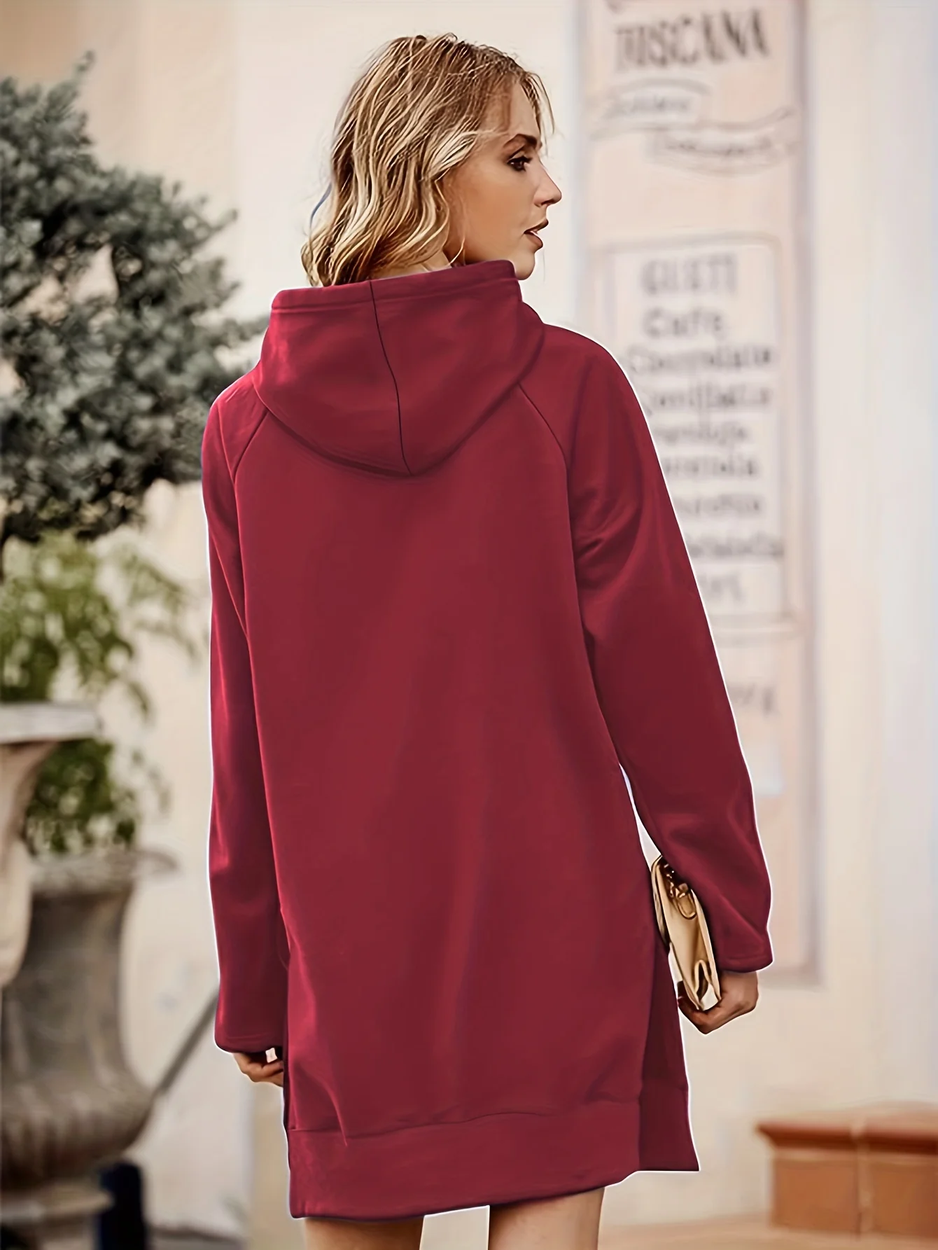 Solid Kangaroo Pocket Long Length Hoodie, Casual Long Sleeve Drawstring Hoodies Sweatshirt, Women's Clothing - Deanwangkt