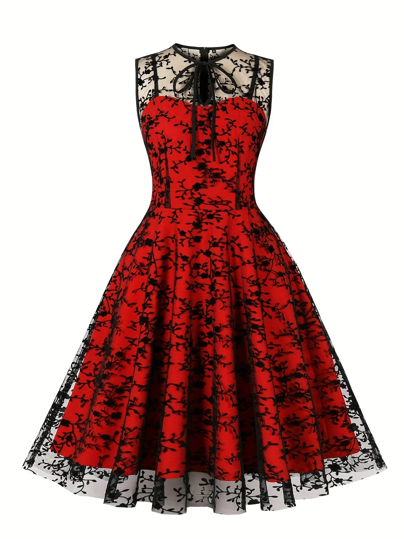 Gothic Contrast Mesh Sleeveless Dress, Elegant Bow Tie Pleated Dress, Women's Clothing - Deanwangkt