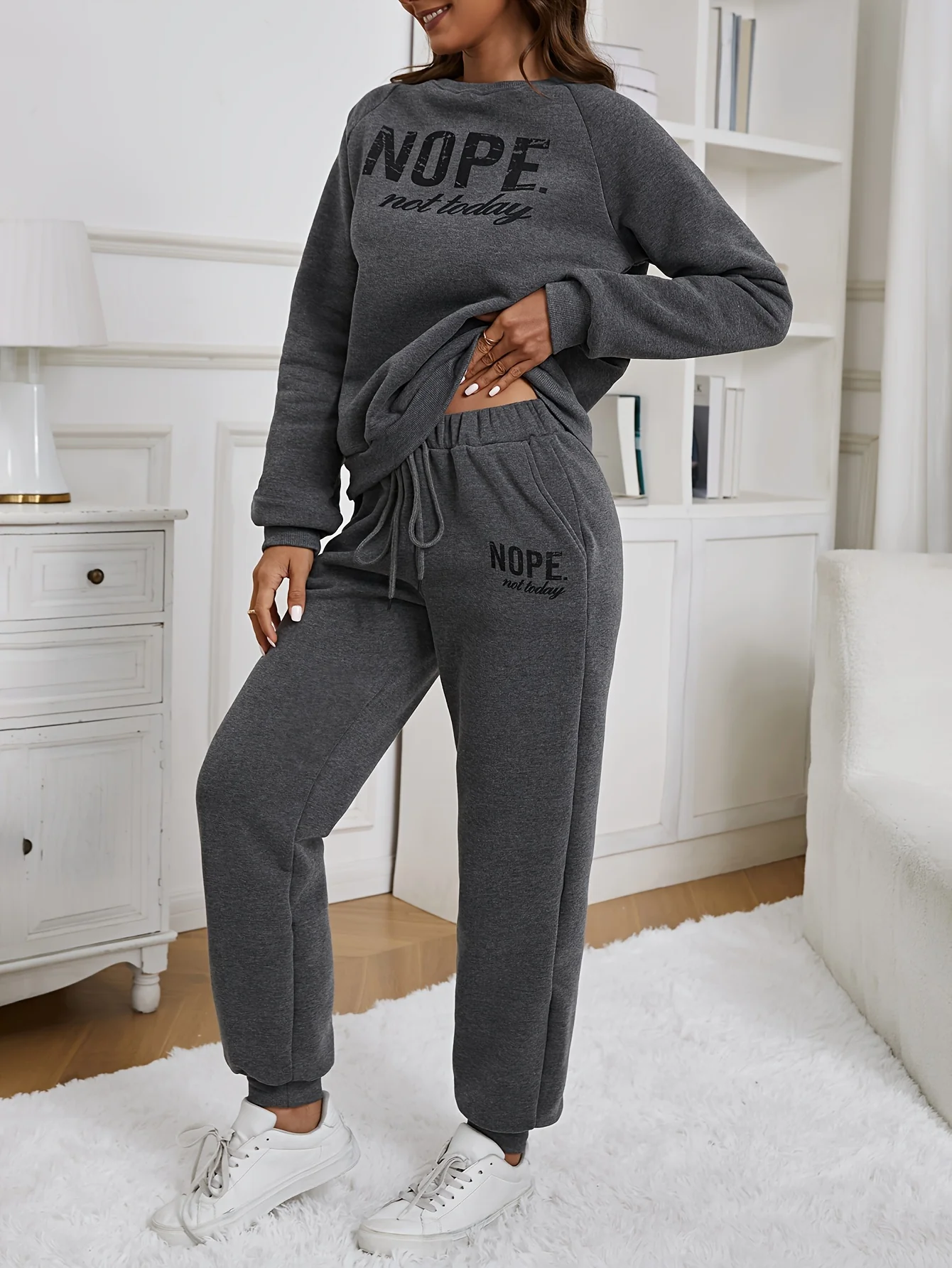 deanwangkt-1  Letter Print Two-piece Set, Casual Long Sleeve Drop Shoulder Sweatshirt & Dual Pockets Pants Outfits, Women's Clothing - Deanwangkt