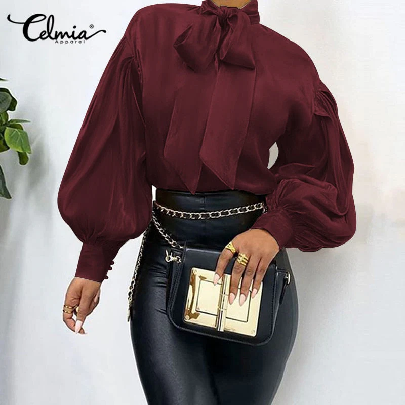 Elegant Office Women Puff Sleeve Blouses Bow Collar Solid Shirts  Fashion Casual Loose Tunic Tops Party Blusas Femme - Deanwangkt