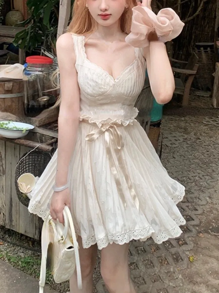 Joskka  Summer Pure Color Elegant Mini Dress Women Strap Lace Short Party Dress Office Lady Sleeveless One Piece Dress Korean Chic - Deanwangkt