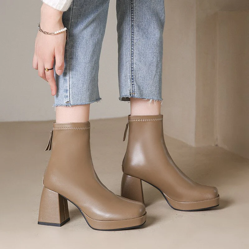 deanwangkt New Autumn Winter Leather Short Boots Women Square High Heel Women Shoes Zipper All Match Ankle Boot Female Platform Shoes - Deanwangkt