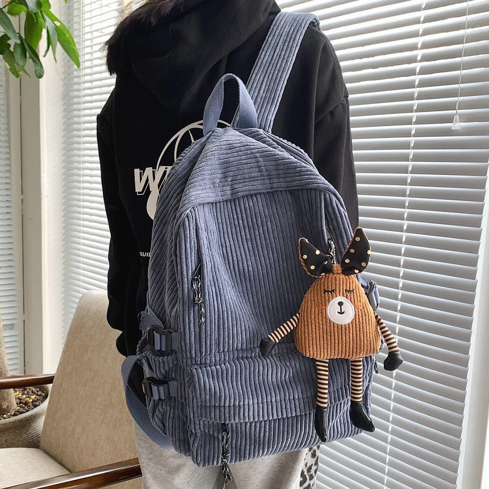 deanwangkt Women Corduroy Backpack Khaki SchoolBag Cute Teenage Girls Harajuku Female Bag Student Kawaii Lady Book Pack New Fashion Mochila - Deanwangkt