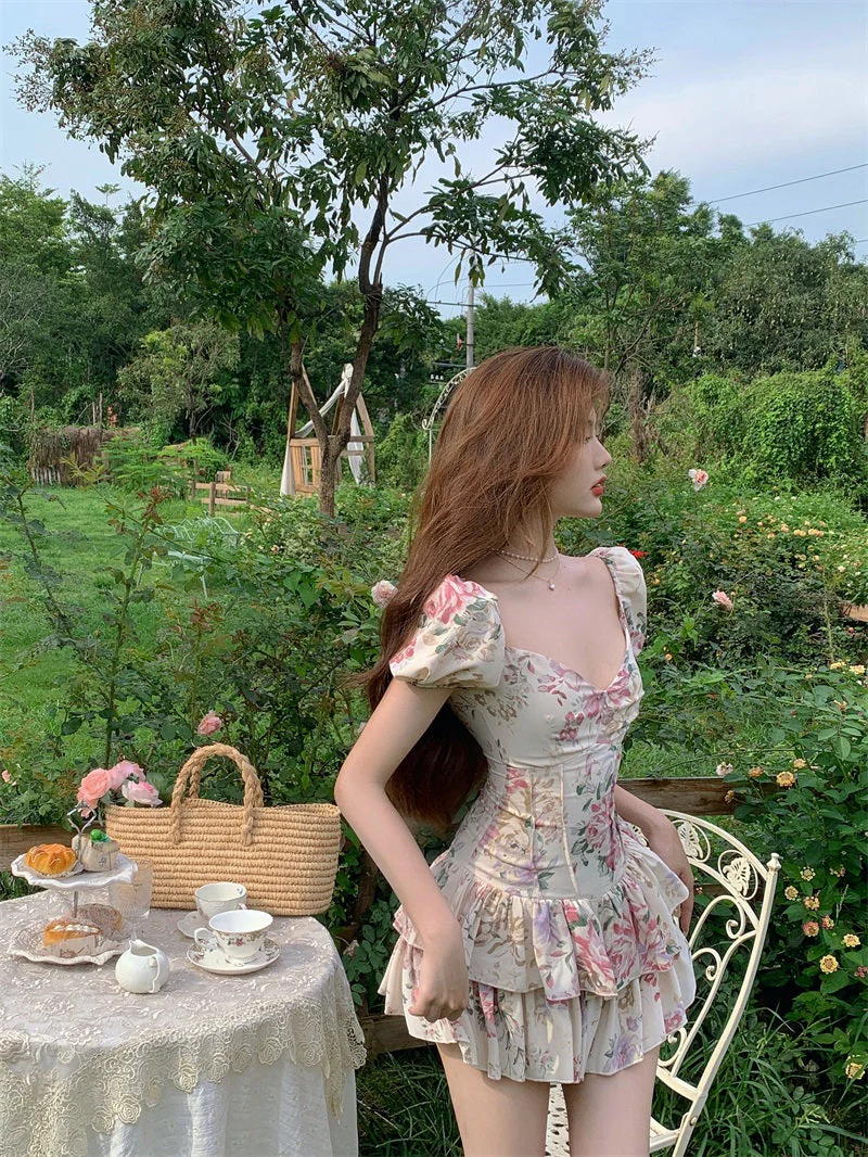 deanwangkt  Summer French Romantic Floral Mini Romper Square Collar Flowers Printed Chiffon Tiered Playsuit Cute Kawaii Feminine Romper  Fairy Dress - Deanwangkt