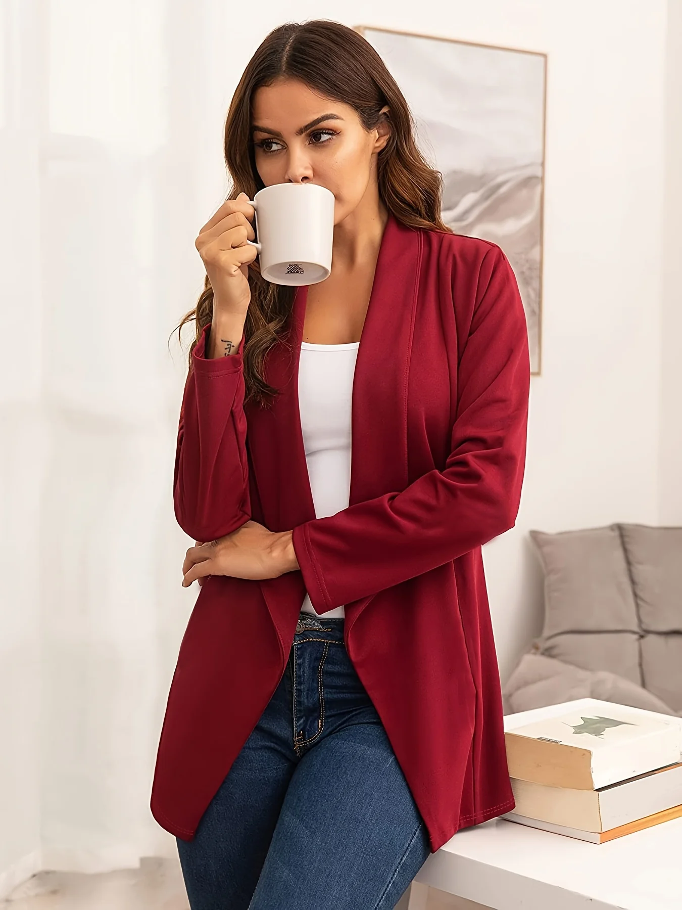 deanwangkt-1 Solid Open Front Blazer, Elegant Lapel Long Sleeve Blazer For Office & Work, Women's Clothing - Deanwangkt