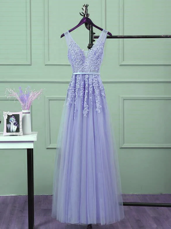 Solvbao Beautiful Light Purple Tulle Long Party Gown, A-line V-neckline Prom Dress - Deanwangkt