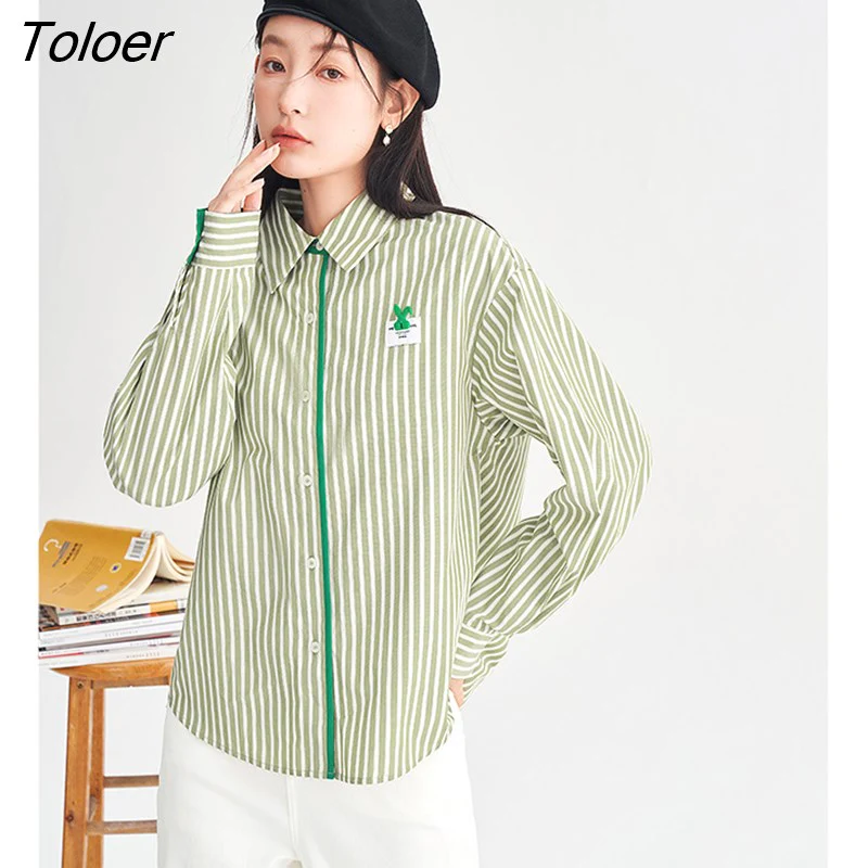deanwangkt Women Shirts  Spring Long Sleeve Polo Neck Loose Blouse Green and White Stripes Vintage Casual All-match Tops - Deanwangkt