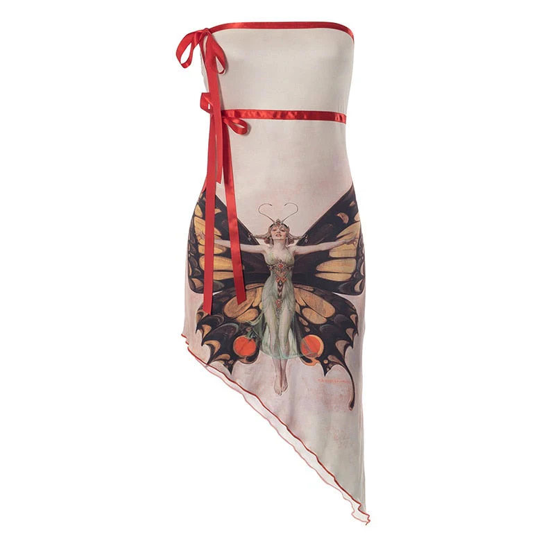 Joskka Strapless Print Butterfly Women Dress Apricot Irregular Lace Up Mini Dress Femme Summer Slim Elegant Party Clubwear - Deanwangkt