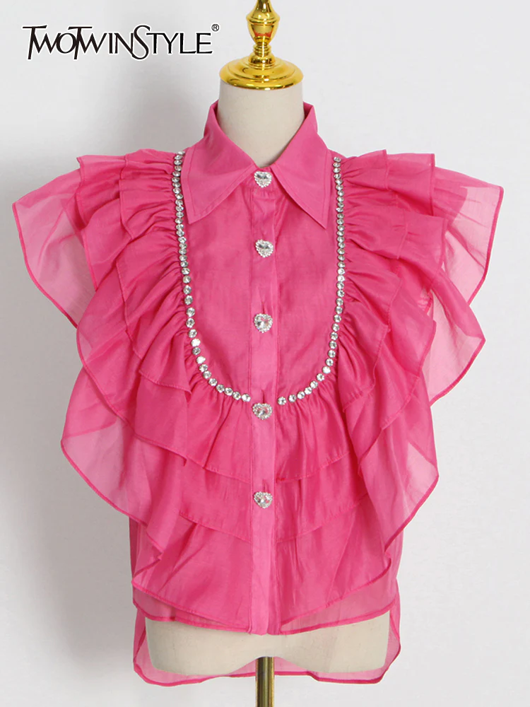 deanwangkt Casual Shirt For Women Lapel Sleeveless Solid Patchwork Ruffle Trim Blouses Female Summer Clothing Style New - Deanwangkt