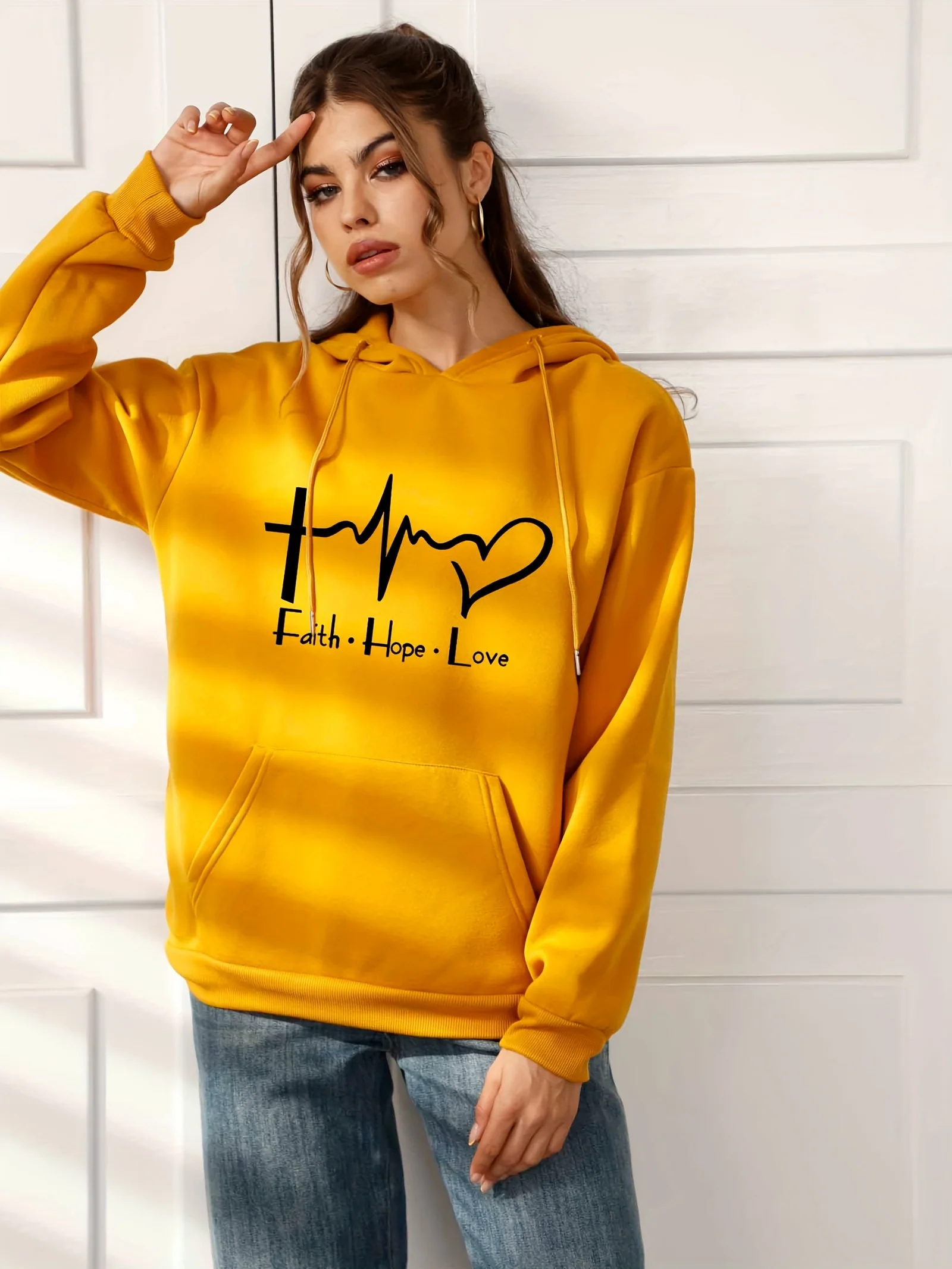 deanwangkt-1  Faith Hope And Love  Letter Hooded Sweatshirt With Front Pocket, Long Sleeve Causal Sports Drawstring Hoodie, Women's Sporty Sweatshirts - Deanwangkt