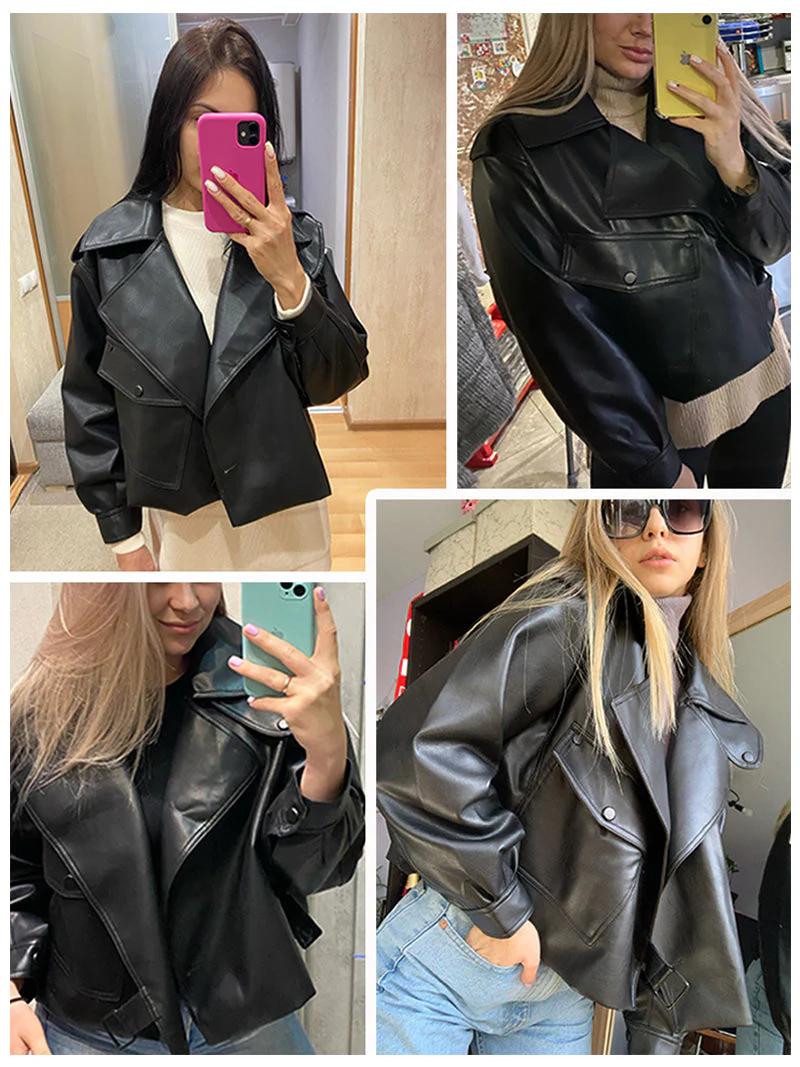 deanwangkt New Spring Women Faux Leather Jacket Biker Red White Coat Turndown Collar PU Motorcycle Jackets Loose Streetwear Outerwear - Deanwangkt