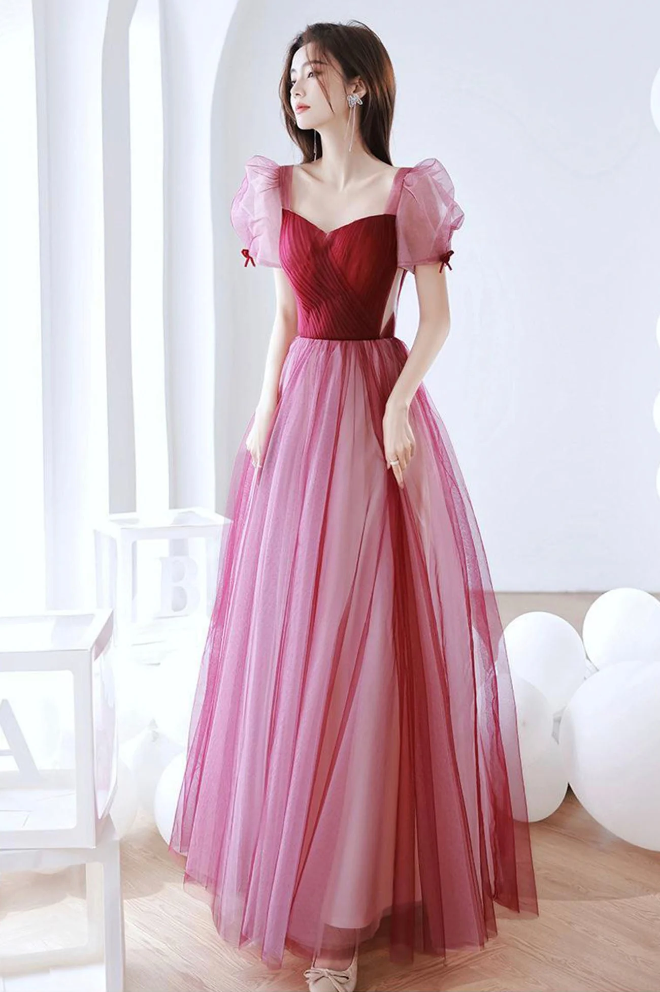 solvbao Burgundy Tulle Long Prom Dress, A-Line Short Sleeves Evening Dress - Deanwangkt