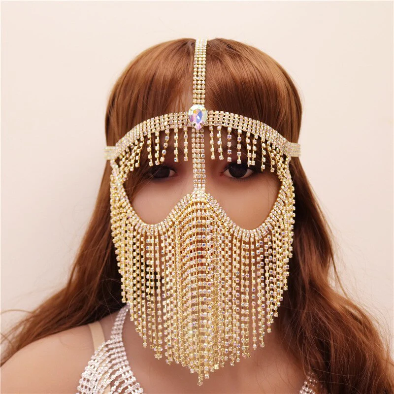 deanwangkt New Tassel Veil Masks Women Headwear Rhinestone Chains Face Mask Masquerade Dance Party Costume Sexy Face Accessories Jewelry - Deanwangkt