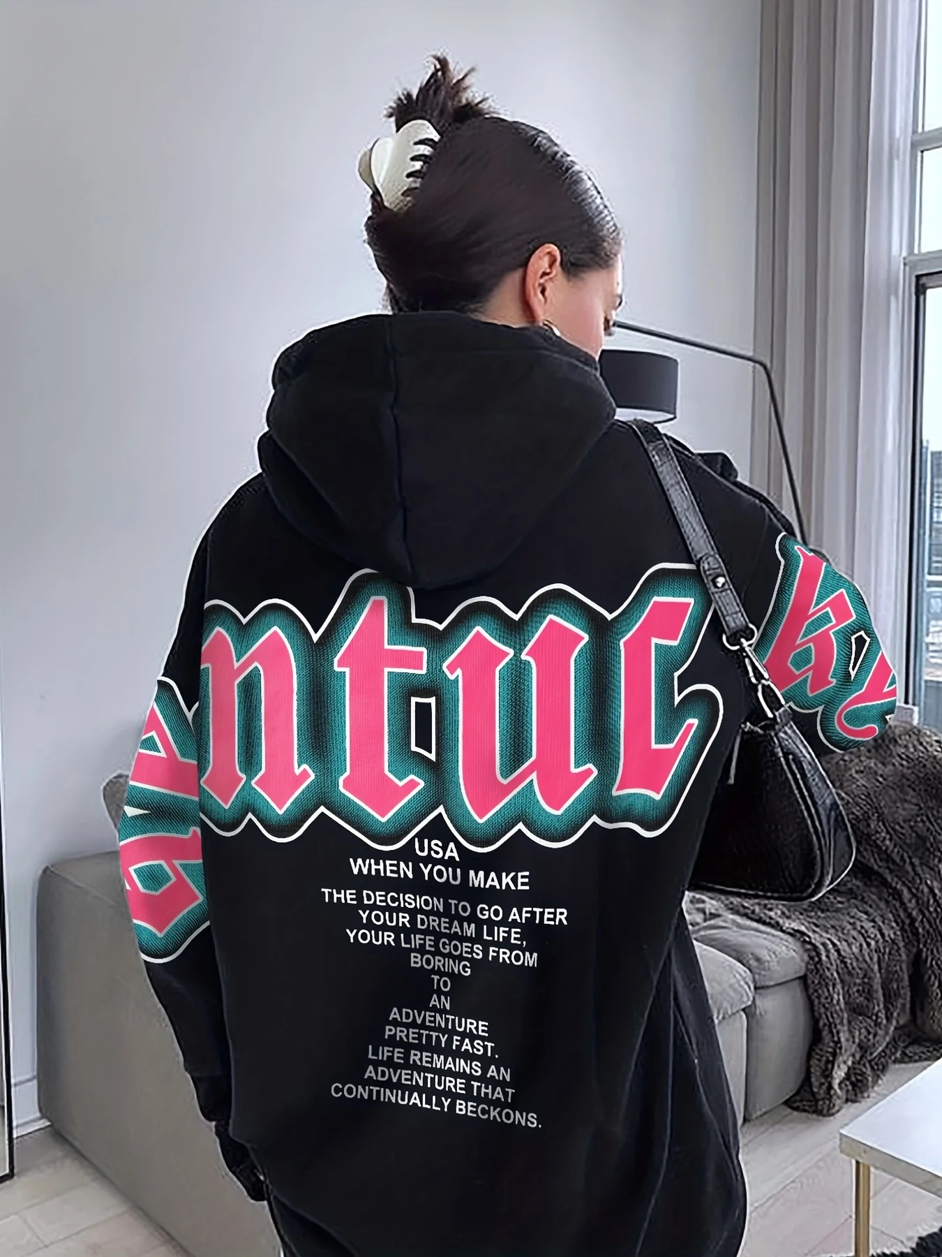 Letter Print Loose Hoodie, Casual Long Sleeve Hoodies Sweatshirt, Women's Clothing - Deanwangkt