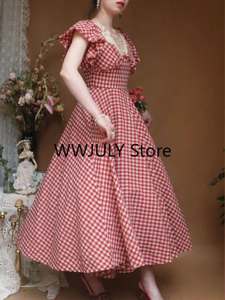 Joskka Elegant Plaid Midi Dress Woman French Style Short Sleeve Dress Even Party Casual Fashion Dress Lace Design  Summer Chic - Deanwangkt
