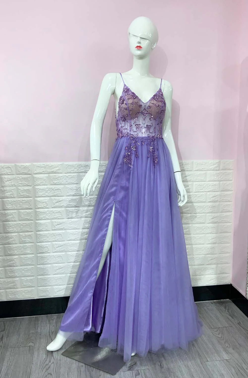 Sweet Dusty Pink Crystal Prom Dresses Long Straps Spaghetti See Through Tulle Evening Gown Slit Right YQLNNE - Deanwangkt