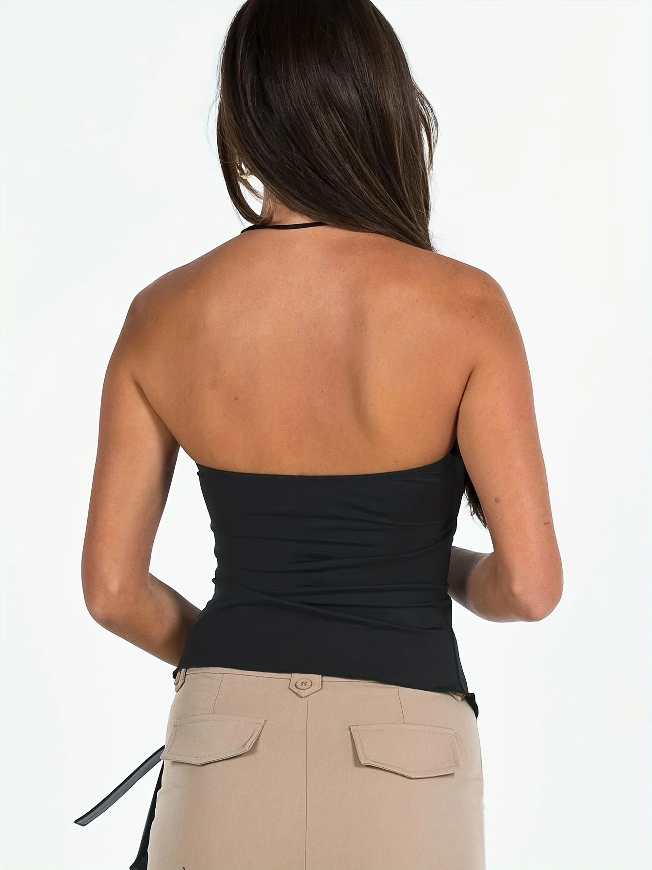 deanwangkt Solid Side Drawstring Ruched Tube Top, Casual Split Strapless Top For Summer, Women's Clothing - Deanwangkt