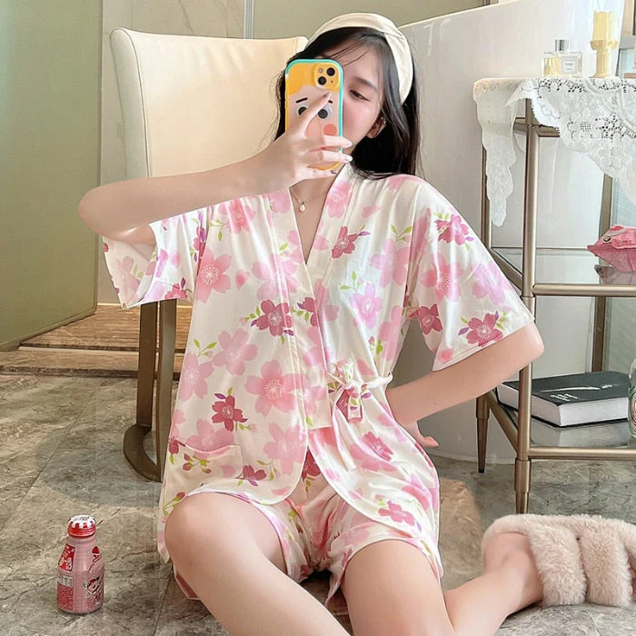 deanwangkt Summer Short pink Pajamas For Women Cute Girl Sleepwear Kimono Pajama Sets Pyjamas Casual Sleepwear Homewear Lounge Fashion - Deanwangkt
