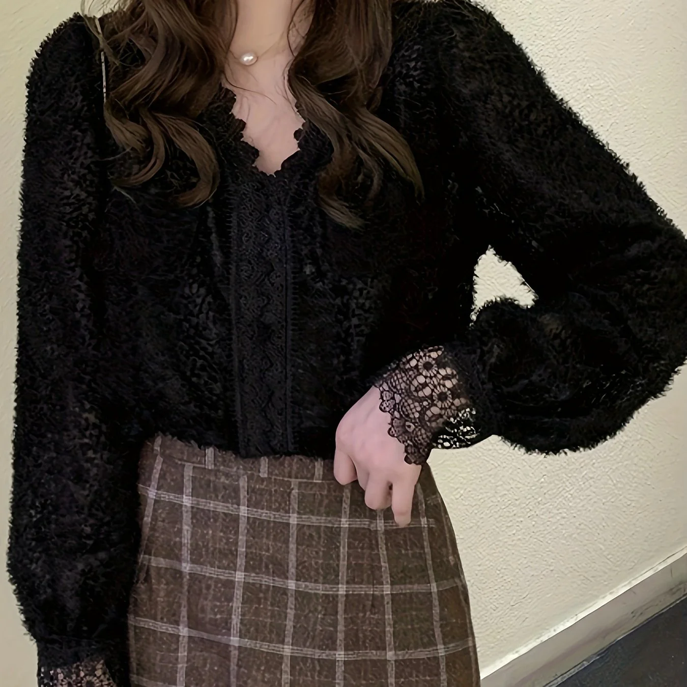 deanwangkt  Contrast Lace V Neck Blouse, Casual Long Sleeve Blouse For Spring & Fall, Women's Clothing - Deanwangkt