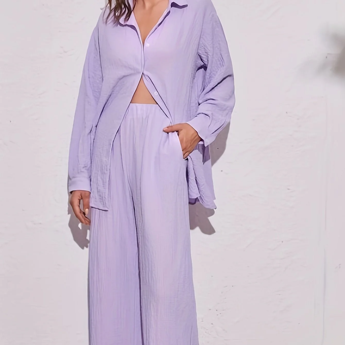 deanwangkt-1  Solid Casual Two-piece Set, Button Front Long Sleeve Shirt & Elastic Waist Pants Outfits, Women's Clothing - Deanwangkt