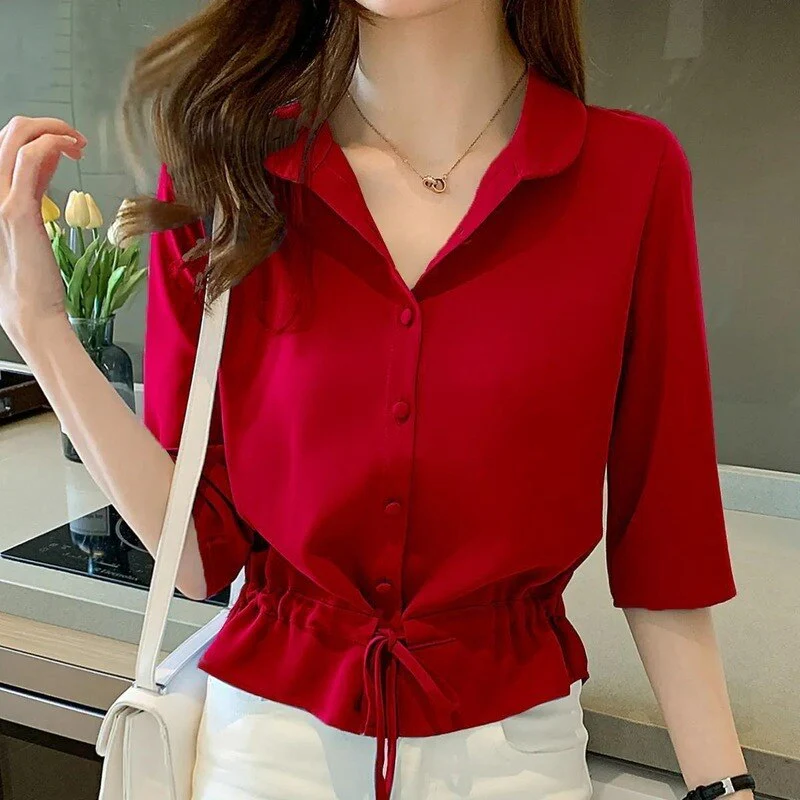 Women Solid Turn-down Collar Half Sleeve Chiffon Shirt Fashion Casual Shirring Single-breasted Blouses Female 1004-0 - Deanwangkt