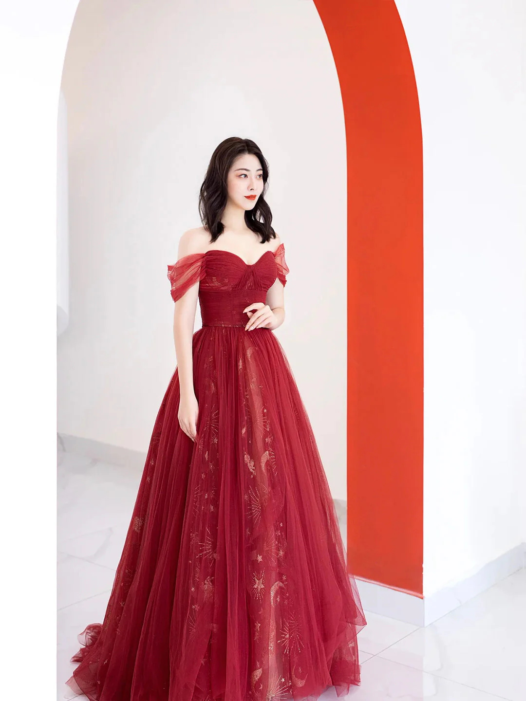 solvbao Burgundy Tulle Long Prom Dress, Beautiful A-Line Off the Shoulder Evening Party Dress - Deanwangkt